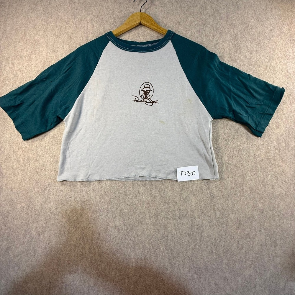Vintage Panama Jack Raglan T Shirt XL Gray Teal Cropped Graphic Made‎ USA T0307